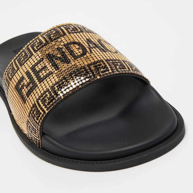 Pre Owned Fendi X Versace Gold Metal and Rubber Flat Slides Size 43