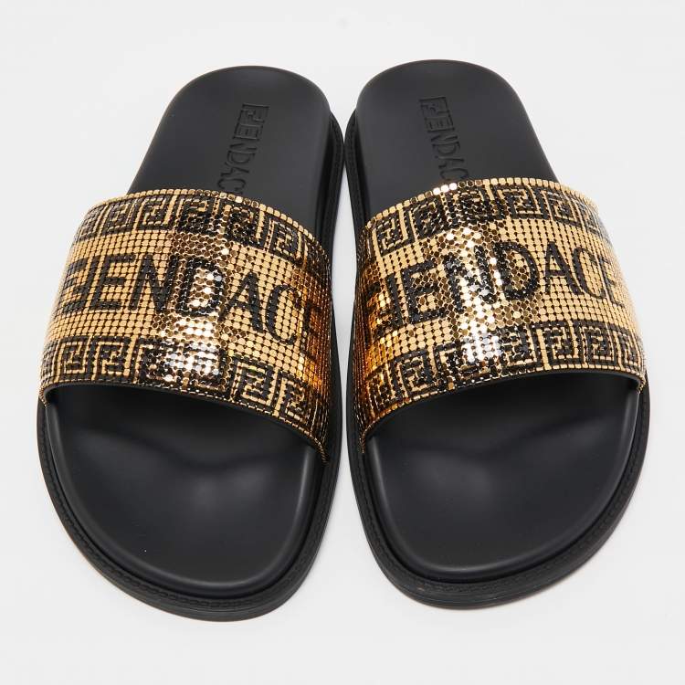 Pre Owned Fendi X Versace Gold Metal and Rubber Flat Slides Size 43