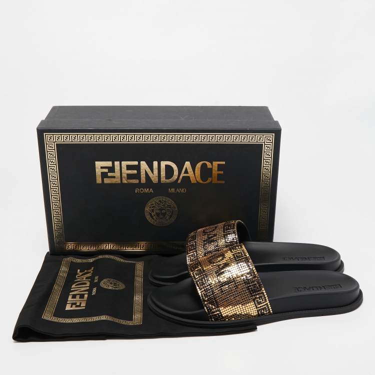 Pre Owned Fendi X Versace Gold Metal and Rubber Flat Slides Size 43