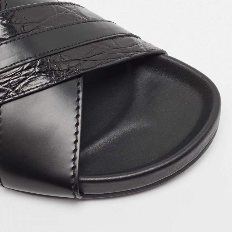 Pre Owned Fendi Black Crocodile and Leather Flat Slides Size 41