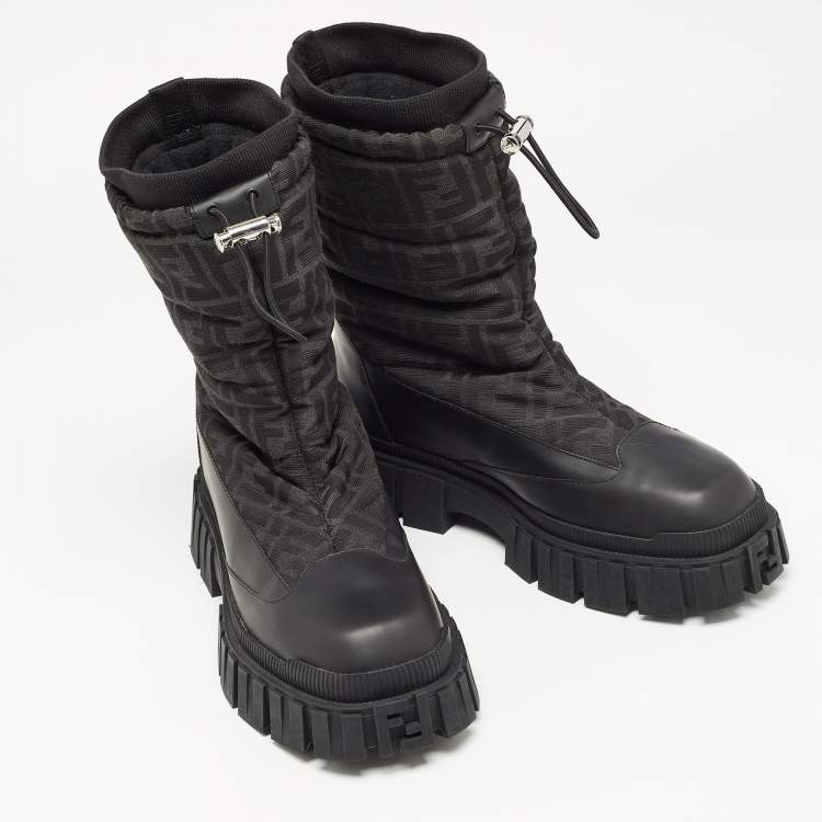Pre Owned Fendi Black Fabric and Leather Snow Boots Size 42
