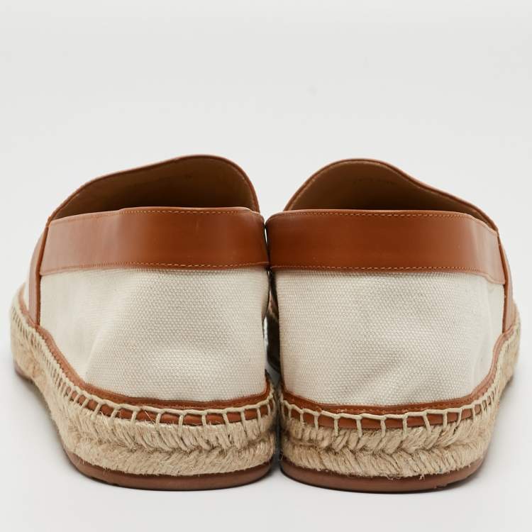 Pre Owned Fendi Brown/Cream Canvas And Leather Slip On Loafers Size 43