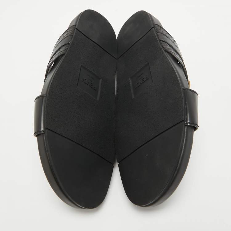 Pre Owned Fendi Black Crocodile and Leather Flat Slides Size 44