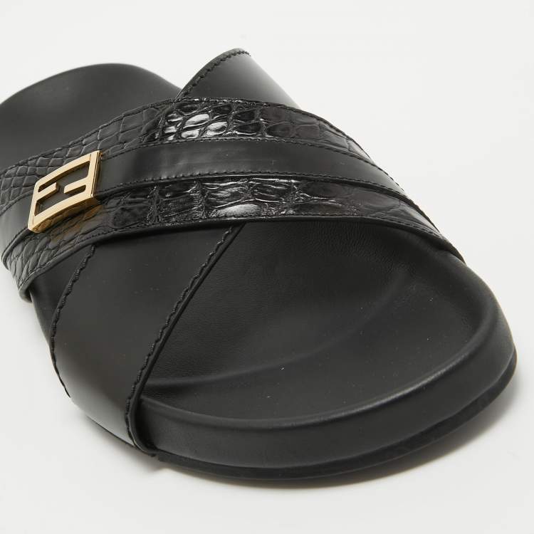 Pre Owned Fendi Black Crocodile and Leather Flat Slides Size 44