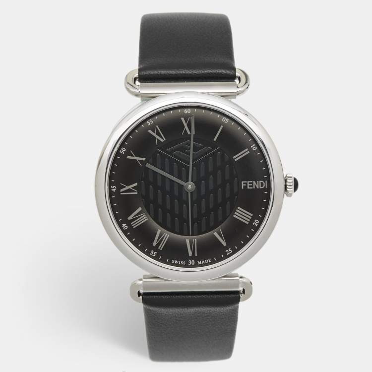 Pre Owned Fendi Black Stainless Steel Leather Palazzo F137060201 Men's Wristwatch 41 mm