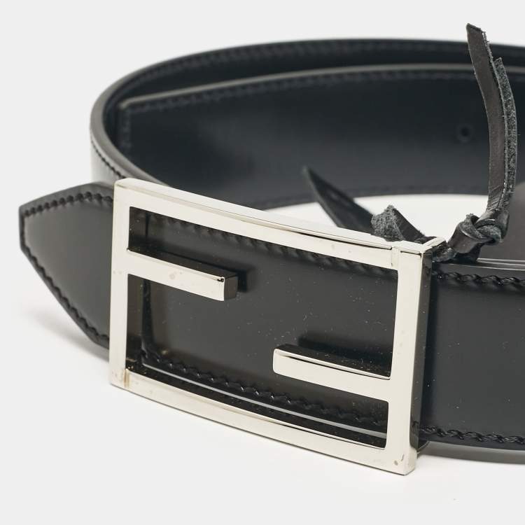 Pre Owned Fendi Black/Navy Blue Leather FF Buckle Reversible Belt 85 CM