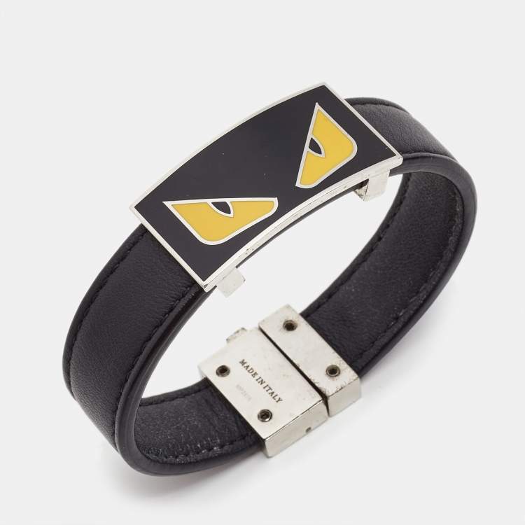 Pre Owned Fendi Monster Eye Enamel Leather Silver Tone Bracelet