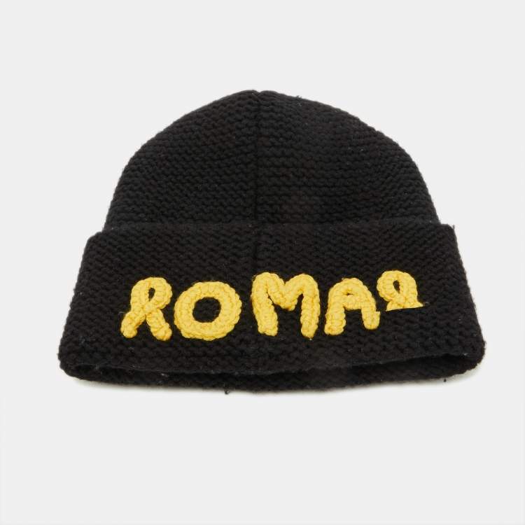 Pre Owned Fendi Black/Yellow Logo Knit Wool Beanie ( One Size )
