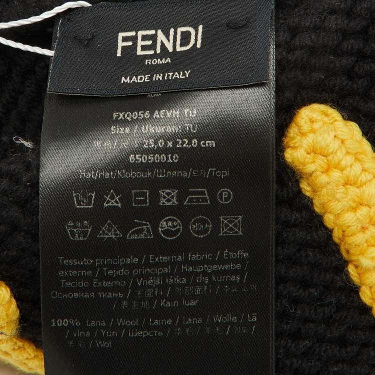 Pre Owned Fendi Black/Yellow Logo Knit Wool Beanie ( One Size )