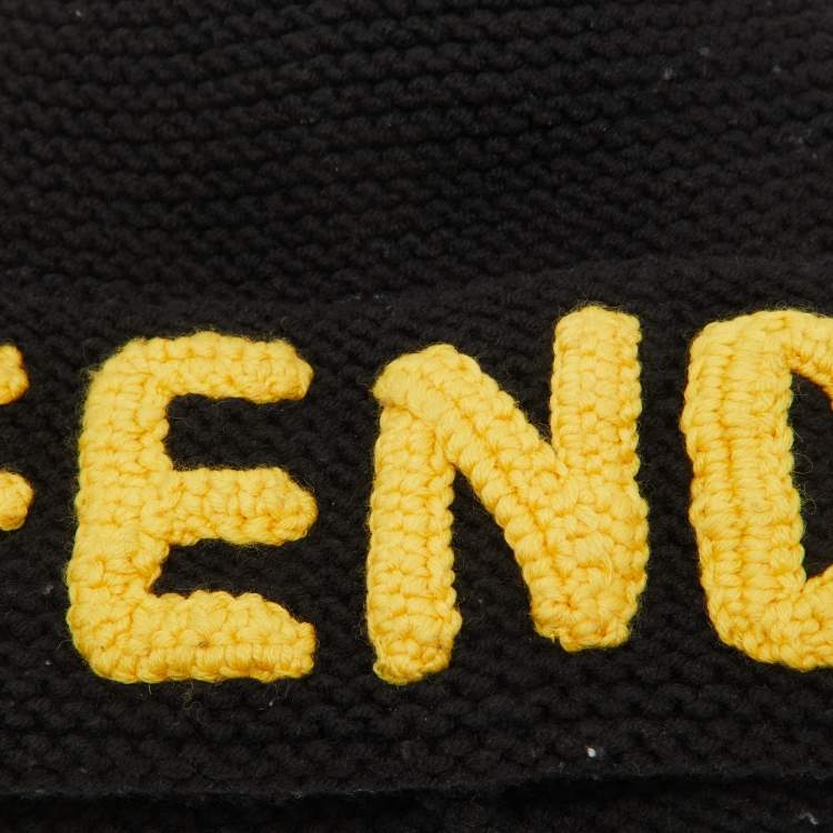 Pre Owned Fendi Black/Yellow Logo Knit Wool Beanie ( One Size )