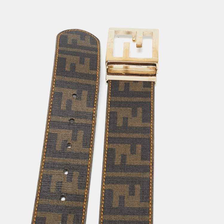 Pre Owned Fendi Tobacco Zucchino and Zucca Coated Canvas FF Buckle Reversible Belt 