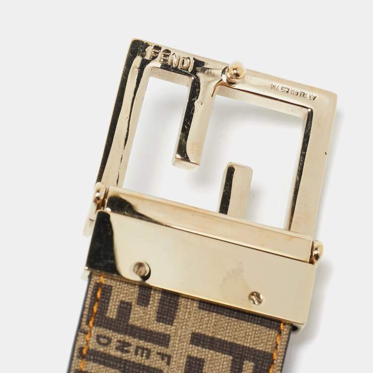 Pre Owned Fendi Tobacco Zucchino and Zucca Coated Canvas FF Buckle Reversible Belt 