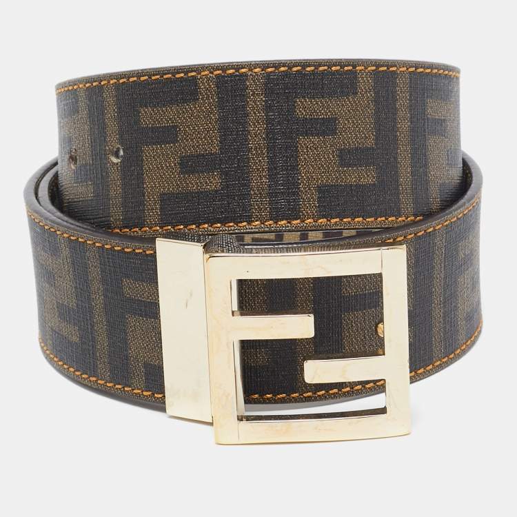 Pre Owned Fendi Tobacco Zucchino and Zucca Coated Canvas FF Buckle Reversible Belt 