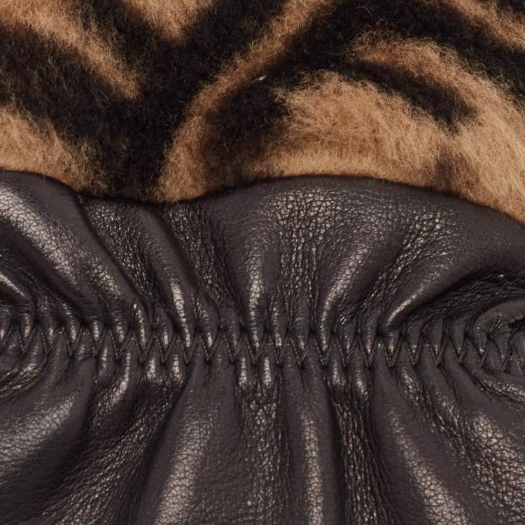 Pre Owned Fendi Brown FF Shearling and Leather Gloves 