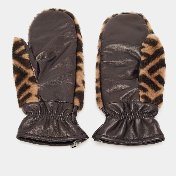 Pre Owned Fendi Brown FF Shearling and Leather Gloves 