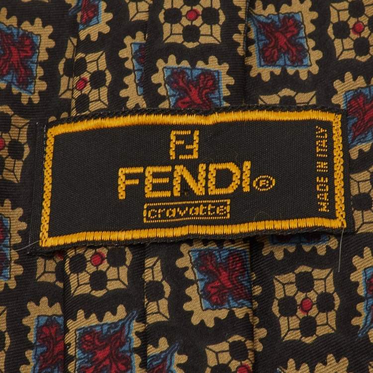Pre Owned Fendi Vintage Black Geometric Floral Print Silk Tie
