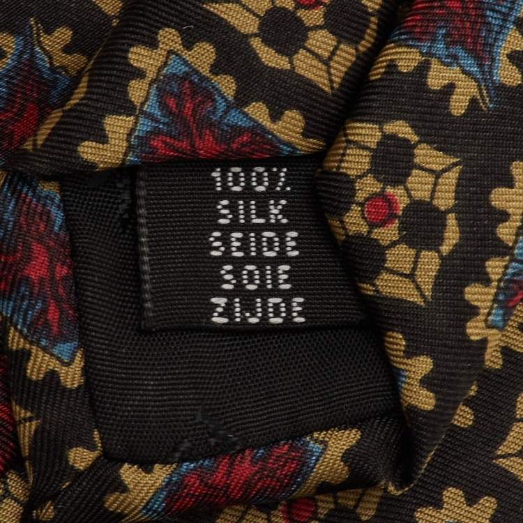 Pre Owned Fendi Vintage Black Geometric Floral Print Silk Tie