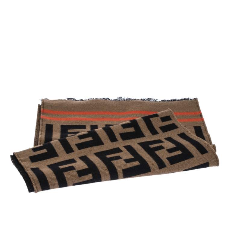 Pre Owned Fendi Brown Contrast Stripe FF Wool Jacquard Scarf