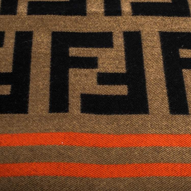 Pre Owned Fendi Brown Contrast Stripe FF Wool Jacquard Scarf