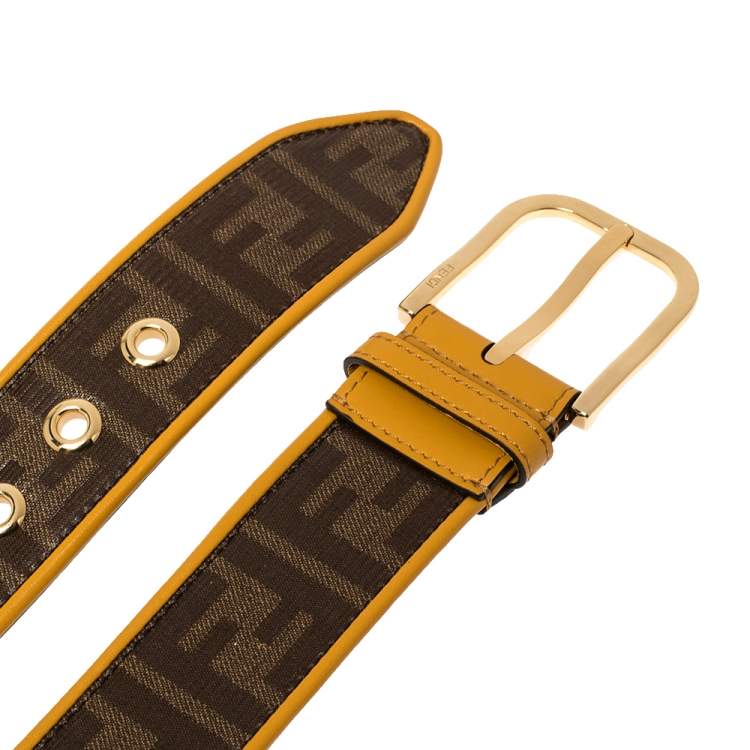 Pre Owned Fendi Mustard Yellow/Tobacco Zucca Coated Canvas and Leather Trim Buckle Belt 100CM