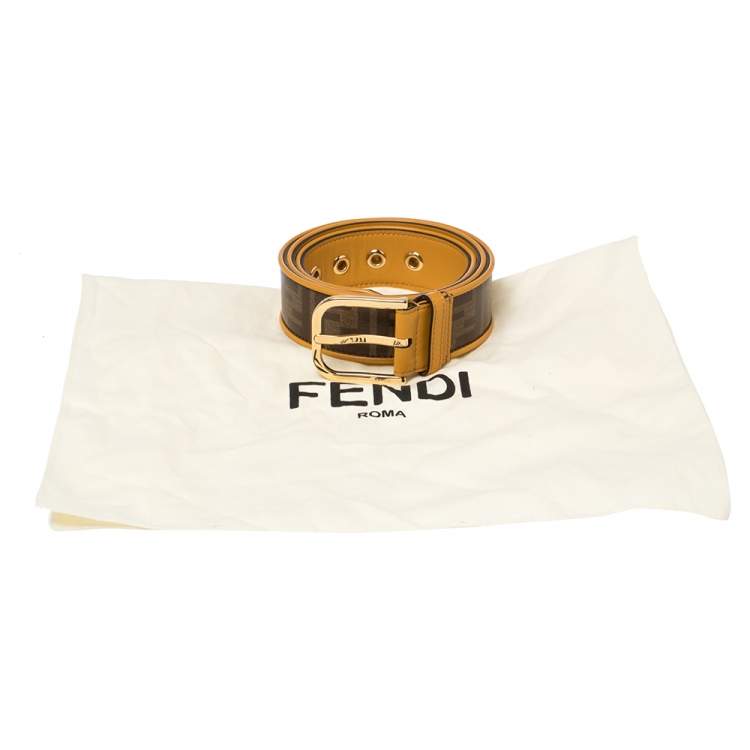 Pre Owned Fendi Mustard Yellow/Tobacco Zucca Coated Canvas and Leather Trim Buckle Belt 100CM