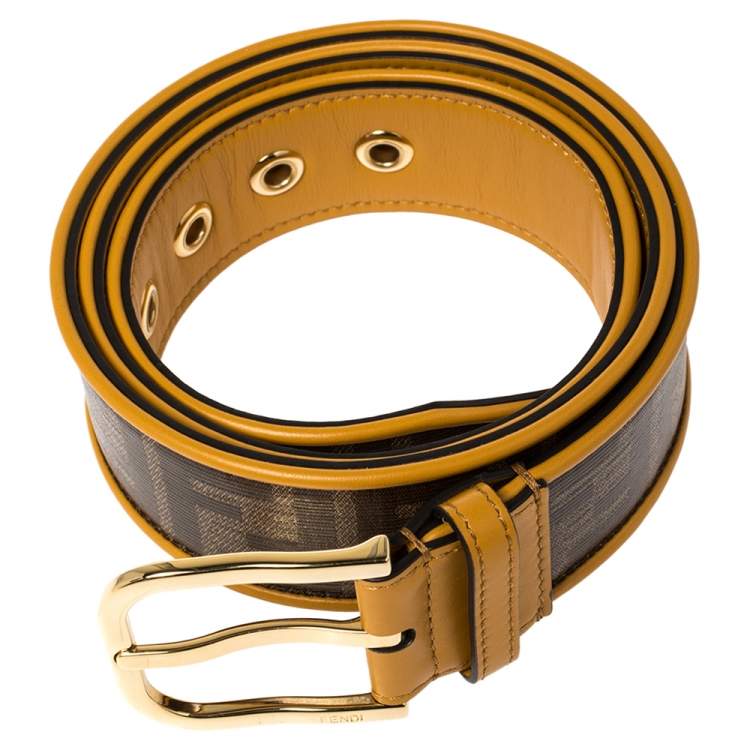 Pre Owned Fendi Mustard Yellow/Tobacco Zucca Coated Canvas and Leather Trim Buckle Belt 100CM