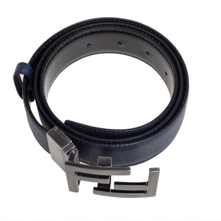 Pre Owned Fendi Navy Blue/Black Leather FF Logo Buckle Reversible Belt 108 CM