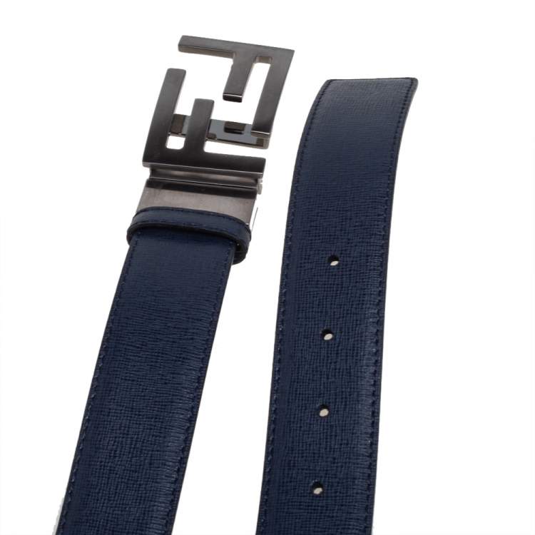 Pre Owned Fendi Navy Blue/Black Leather FF Logo Buckle Reversible Belt 108 CM