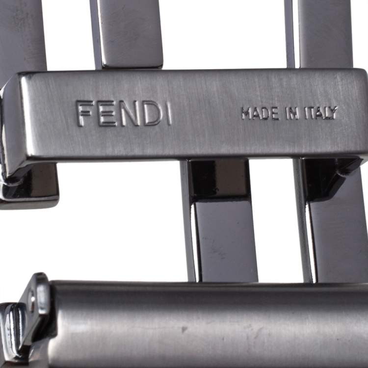 Pre Owned Fendi Navy Blue/Black Leather FF Logo Buckle Reversible Belt 108 CM