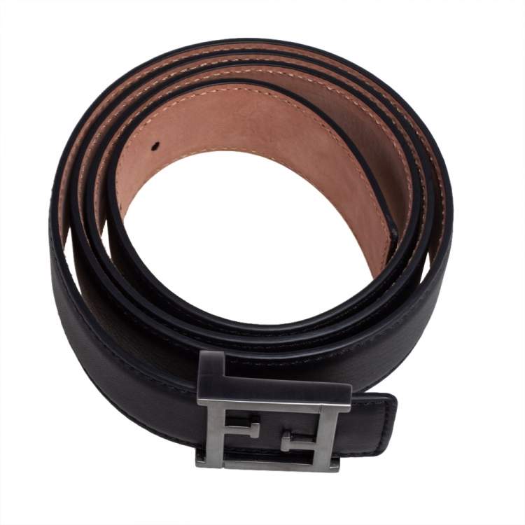 Pre Owned Fendi Black Leather FF Logo Buckle Belt 100 CM
