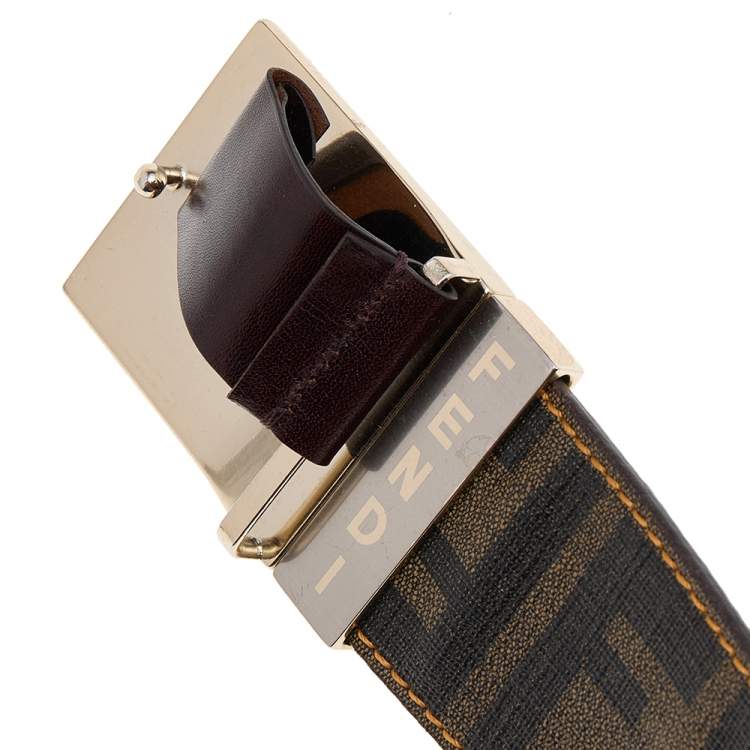 Pre Owned Fendi Tobacco Zucca Coated Canvas Reversible Buckle Belt 90 CM