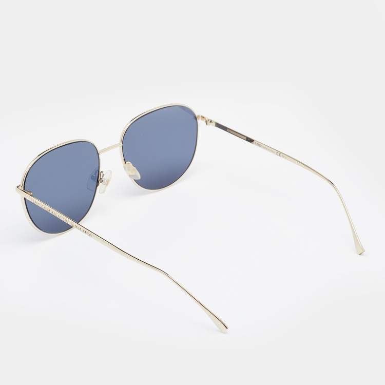 Pre Owned Fendi Gold Tone/ Blue FF 0379/G/S Aviator Sunglasses