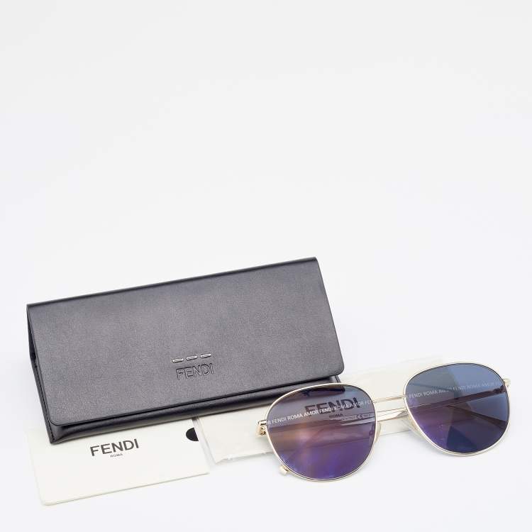 Pre Owned Fendi Gold Tone/ Blue FF 0379/G/S Aviator Sunglasses