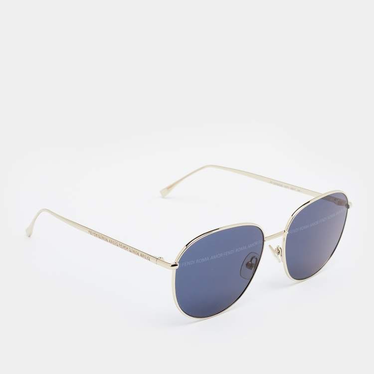 Pre Owned Fendi Gold Tone/ Blue FF 0379/G/S Aviator Sunglasses