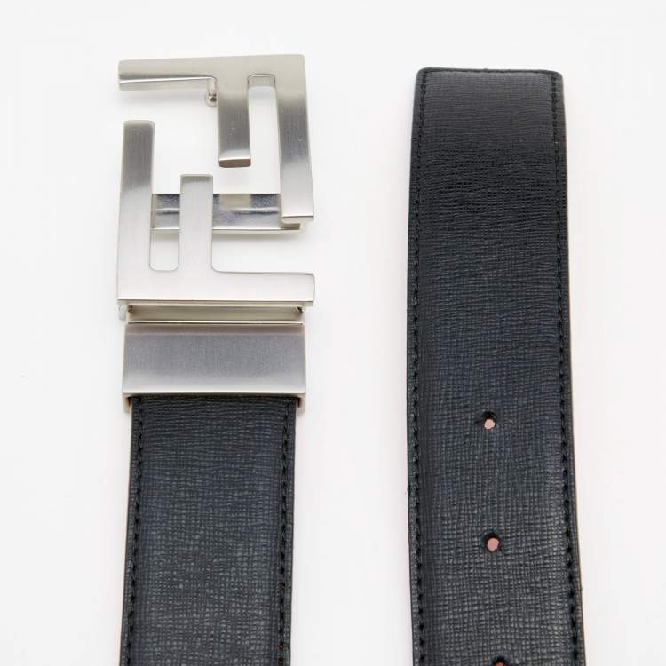 Pre Owned Fendi Black/Orange Leather FF Logo Buckle Reversible Belt 90CM