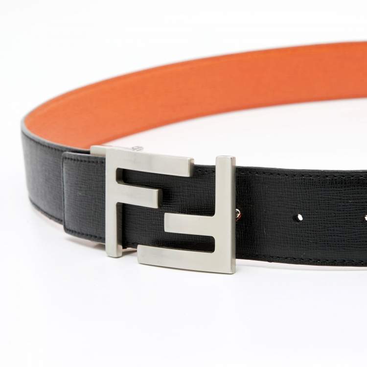 Pre Owned Fendi Black/Orange Leather FF Logo Buckle Reversible Belt 90CM