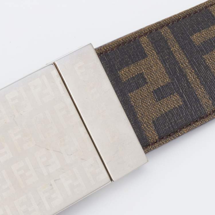 Pre Owned Fendi Brown/Black Zucca Coated Canvas And Leather Reversible Belt 120 CM