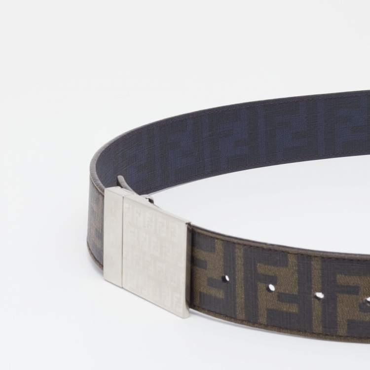 Pre Owned Fendi Brown/Black Zucca Coated Canvas And Leather Reversible Belt 120 CM