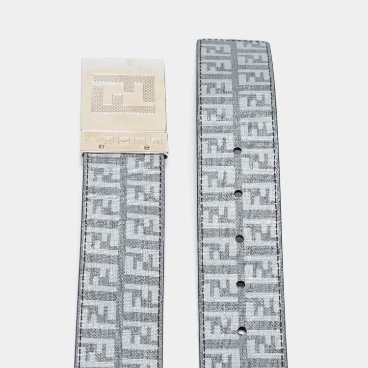 Pre Owned Fendi Grey/Black Zucca Coated Canvas Logo Plaque Reversible Belt 105 cm