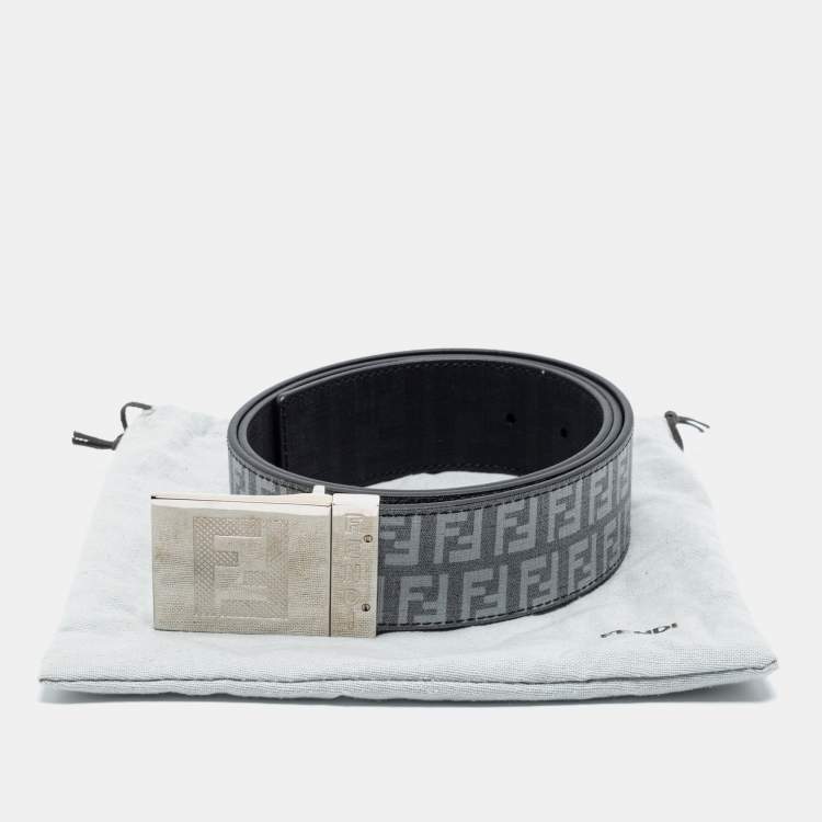 Pre Owned Fendi Grey/Black Zucca Coated Canvas Logo Plaque Reversible Belt 105 cm