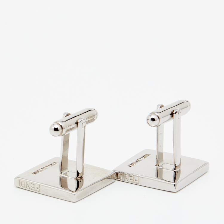 Pre Owned Fendi Silver Tone Enamel Monster Eyes Square Cufflinks
