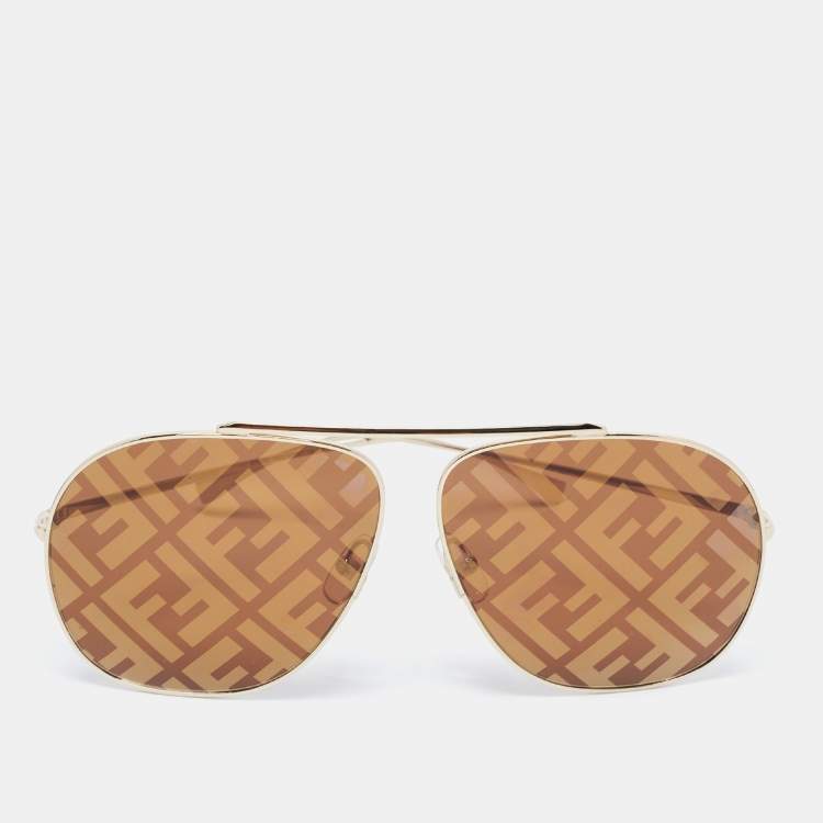 Pre Owned Fendi Gold Zucca Mirrored Aviator Sunglasses