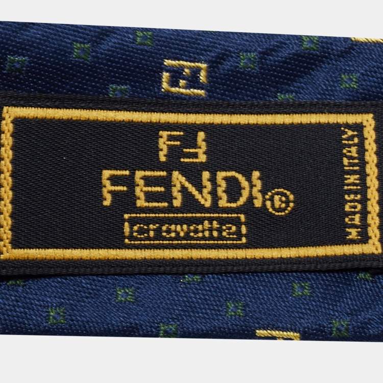 Pre Owned Fendi Navy Blue Logo Patterned Jacquard Silk Tie