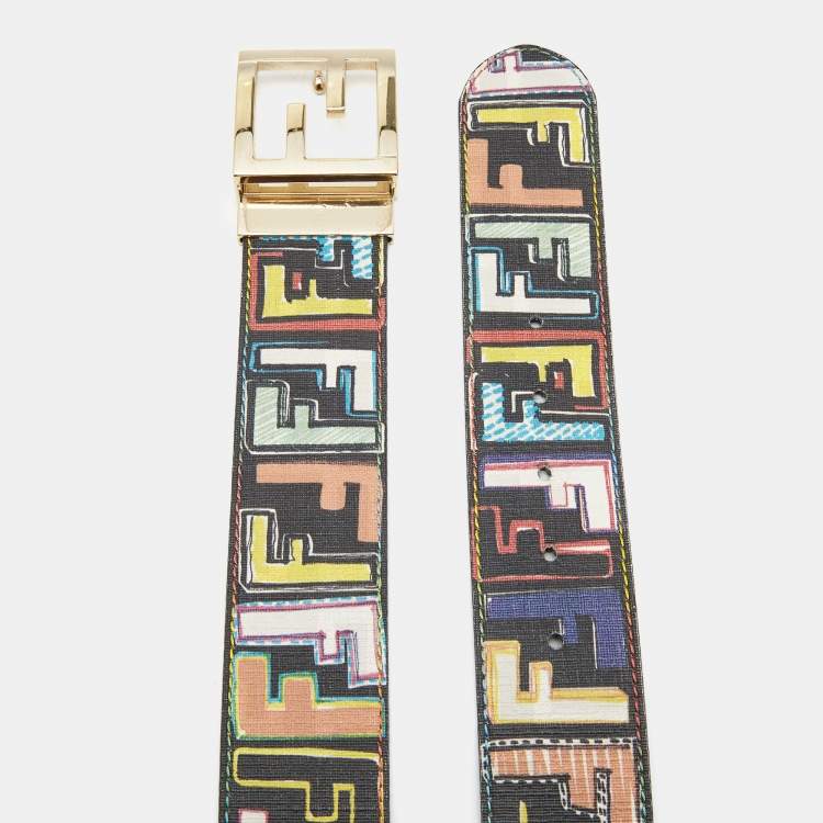 Pre Owned Fendi Multicolor Zucca Coated Canvas and Leather FF Logo Reversible Belt