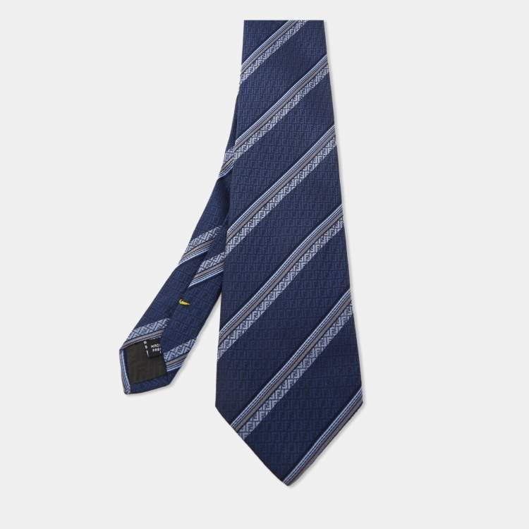 Pre Owned Fendi Navy Blue FF Diagonal Striped Silk Tie