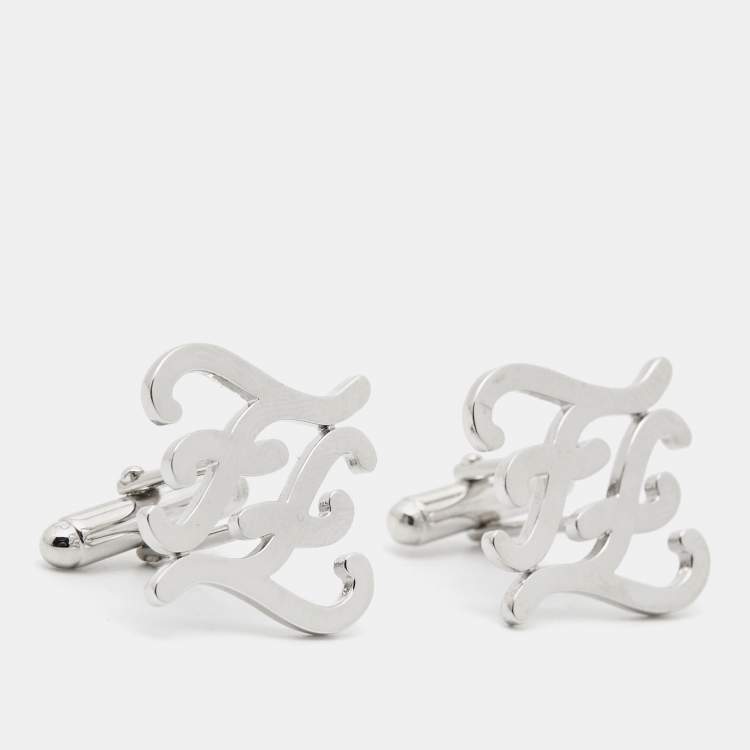 Pre Owned Fendi Karligraphy FF Silver Tone Cufflinks