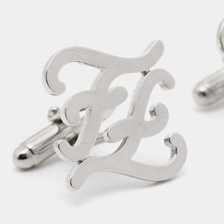 Pre Owned Fendi Karligraphy FF Silver Tone Cufflinks