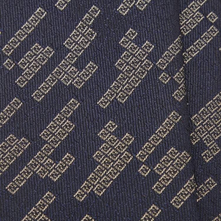 Pre Owned Fendi Navy Blue Patterned Silk Skinny Tie