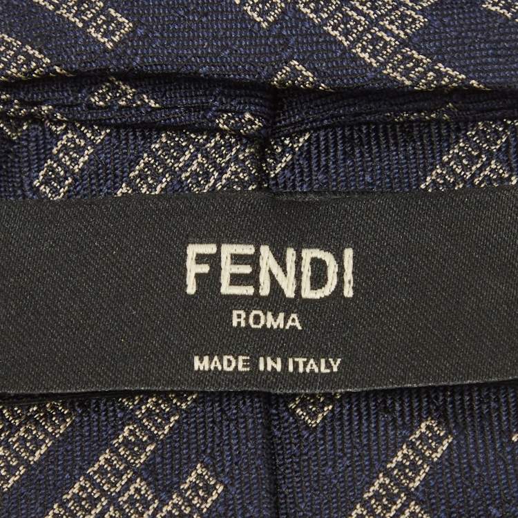Pre Owned Fendi Navy Blue Patterned Silk Skinny Tie