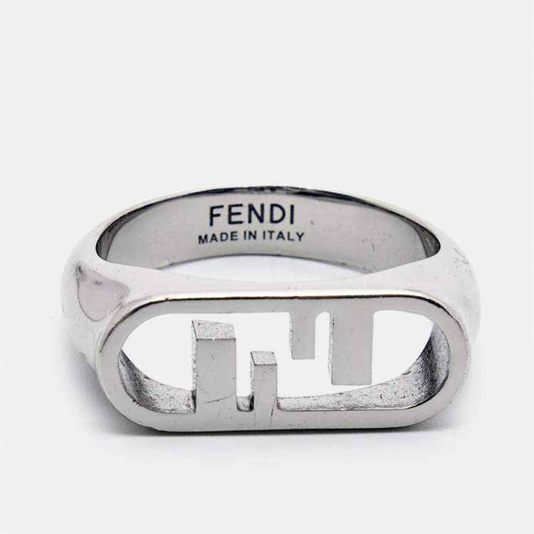 Pre Owned Fendi FF Logo Silver Tone Ring Size 63